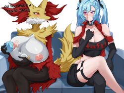 Rule 34 | absurdres, akeno(itsnafulol), animal ear fluff, animal ears, baby, black fur, black shirt, blue hair, blush, breast sucking, breastfeeding, breasts, choker, cleavage, clothes writing, couch, creatures (company), crop top, crossed legs, delphox, elbow gloves, fox ears, fox girl, fox tail, furry, furry female, game freak, gen 6 pokemon, gloves, hair ribbon, highres, huge breasts, if they mated, interspecies, jacket, jewelry, looking at another, meowdeer, mother and daughter, necklace, nintendo, nipples, pink eyes, pokemon, pokephilia, red fur, red jacket, ribbon, shirt, shorts, tail, teasing, thick thighs, thighhighs, thighs, twintails, white fur, wife and wife, yellow fur