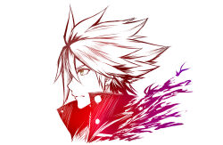 Rule 34 | 1boy, blazblue, closed mouth, commentary request, cropped shoulders, earrings, from side, frown, hair between eyes, jacket, jewelry, male focus, nagishy, portrait, profile, ragna the bloodedge, red eyes, red jacket, red theme, shirt, short hair, sideways mouth, simple background, solo, spiked hair, stud earrings, white background