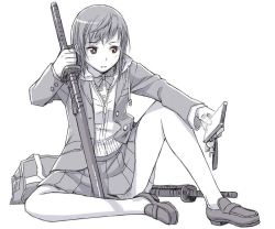 Rule 34 | bag, bow, bowtie, bright pupils, cardigan, cellphone, charm (object), collared shirt, full body, greyscale, holding, holding phone, holding sword, holding weapon, itou (onsoku tassha), jacket, katana, knee up, legs apart, loafers, long sleeves, monochrome, open clothes, open jacket, original, parted lips, phone, pleated skirt, school bag, school uniform, shirt, shoes, short hair, simple background, skirt, smartphone, sword, tassel, weapon, white background