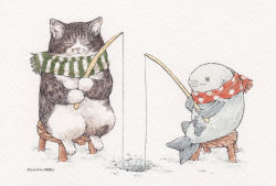 Rule 34 | animal focus, cat, closed eyes, commentary request, fish, fishing, fishing rod, holding, holding fishing rod, ice fishing, mirin (mirin 4), no humans, original, painting (medium), scarf, signature, sitting, stool, traditional media, watercolor (medium)