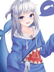 Rule 34 | 1girl, :d, absurdres, blue eyes, blue hoodie, collarbone, commentary, drawstring, fins, fish tail, gawr gura, gawr gura (1st costume), hair ornament, highres, hololive, hololive english, hood, hood down, hoodie, hsxxx, long hair, long sleeves, looking at viewer, open mouth, shark tail, sharp teeth, silver hair, simple background, sleeves past fingers, sleeves past wrists, smile, solo, speech bubble, spoken animal, tail, tail raised, teeth, two side up, virtual youtuber, white background