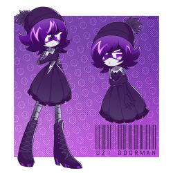 Rule 34 | 1girl, beanie hat, boots, choker, dress, elbow gloves, glitch productions, gloves, hat, high heel boots, high heels, highres, knife, murder drones, purple eyes, purple hair, robot, uzi (murder drones)