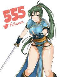 Rule 34 | 1girl, boots, breasts, dress, fingerless gloves, fire emblem, fire emblem: the blazing blade, fire emblem heroes, gloves, green eyes, green hair, high ponytail, highres, j@ck, large breasts, long hair, looking at viewer, lyn (fire emblem), nintendo, ponytail, side slit, simple background, solo, sword, thighs, weapon, white background