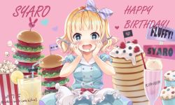 Rule 34 | 1girl, absurdres, apron, bendy straw, blonde hair, blue eyes, blue shirt, blue skirt, blush, bow, burger, character name, collarbone, commentary request, cup, dated, diagonal stripes, drink, drinking glass, drinking straw, drooling, flag, food, fork, frilled apron, frills, gochuumon wa usagi desu ka?, hair bow, hairband, hands on own face, hands up, happy birthday, heart, heart-shaped pupils, highres, holding, holding fork, holding knife, kirima syaro, knife, mouth drool, neki (wakiko), open mouth, pancake, pancake stack, parfait, pink background, polka dot, polka dot shirt, polka dot skirt, popcorn, puffy short sleeves, puffy sleeves, shirt, short sleeves, simple background, skirt, solo, striped, striped bow, symbol-shaped pupils, tippy (gochiusa), twitter username, waist apron, wavy mouth, white apron