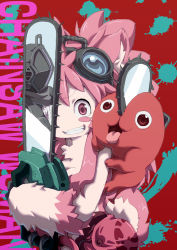 Rule 34 | animal ears, animate object, black claws, bondrewd, chainsaw, chainsaw man, claws, crazy, english text, furry, furry female, glasses, highres, liquid, made in abyss, mitty (made in abyss), open mouth, otter, otter ears, otter tail, pink bag, pink fur, pink hair, power tool, red background, red pupils, smile, tail, teeth, tongue, tongue out, ximu shilang