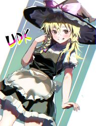Rule 34 | 1girl, apron, black hat, black skirt, black vest, blonde hair, blue background, blush, bow, braid, breasts, buttons, character name, closed mouth, commentary request, cookie (touhou), cowboy shot, dutch angle, frilled apron, frilled skirt, frills, hair between eyes, hair bow, hand up, hat, hat bow, highres, kirisame marisa, long hair, looking at viewer, pink bow, puffy short sleeves, puffy sleeves, shirt, short sleeves, single braid, skirt, skirt set, small breasts, solo, tirano tenchou, touhou, turtleneck, uzuki (cookie), vest, waist apron, white apron, white background, white shirt, witch hat, yellow eyes