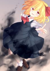 Rule 34 | 1girl, ascot, black dress, blonde hair, bow, brown eyes, brown footwear, collared shirt, dated, dress, fang, full body, hair between eyes, hair bow, highres, kisamu (ksmz), loafers, long sleeves, looking at viewer, open mouth, red bow, rumia, shirt, shoes, short hair, sleeveless, sleeveless dress, socks, solo, touhou, white shirt, white socks