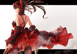 Rule 34 | 10s, 1girl, ass, backless outfit, brown hair, choker, date a live, dress, female focus, fishnet thighhighs, fishnets, garter straps, glint, goth fashion, gun, hairband, highres, lolita fashion, lolita hairband, long hair, looking at viewer, looking back, no panties, sideways glance, solo, standing, thighhighs, tokisaki kurumi, weapon, yellow eyes, yunsang