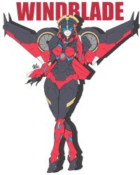 Rule 34 | 1girl, absurdres, artist name, autobot, axelnekokitty, blue eyes, breasts, character name, crossed legs, flame toys windblade, hand on own chest, highres, mechanical wings, medium breasts, solo, thick thighs, thighs, transformers, white background, wide hips, windblade, wings