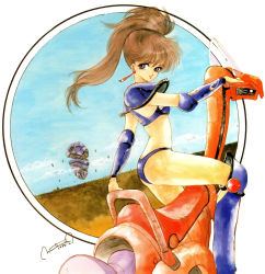 Rule 34 | 1980s (style), 1985, 1girl, armor, armored boots, asagiri youko, ass, bikini armor, boots, brown eyes, brown hair, butt crack, dated, earrings, framed, genmu senki leda, high ponytail, highres, inomata mutsumi, jewelry, long hair, official art, oldschool, painting (medium), pauldrons, retro artstyle, riding, shoulder armor, solo, traditional media, vambraces, vehicle, watercolor (medium)