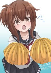Rule 34 | 1girl, anchor symbol, black sailor collar, black skirt, brown hair, cowboy shot, dated, flying sweatdrops, folded ponytail, gradient background, highres, holding, holding pom poms, inazuma (kancolle), kantai collection, long hair, neckerchief, one-hour drawing challenge, pleated skirt, pom pom (cheerleading), pom poms, red neckerchief, ryouki (34388923), sailor collar, school uniform, serafuku, skirt, solo, twitter username, white background
