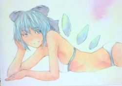 Rule 34 | 1girl, arm support, bikini, blue eyes, blue hair, bow, breasts, cirno, gradient background, grey background, hair bow, looking at viewer, looking to the side, lying, matching hair/eyes, on side, painting (medium), short hair, small breasts, solo, swimsuit, touhou, traditional media, upper body, watercolor (medium), wings, yuyu (00365676)