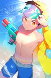 Rule 34 | 1boy, absurdres, beach, blue shorts, blue sky, child, commentary request, cowboy shot, day, dcusa, hand on headwear, hat, highres, holding, holding toy, male focus, muscular, muscular child, navel, ocean, original, outdoors, pectorals, red eyes, shorts, sky, solo, sun hat, tan, tanline, topless male, toy, water gun