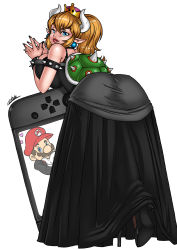 Rule 34 | 1boy, 1girl, absurdres, armlet, ass, bare shoulders, black bra, black dress, black nails, blonde hair, blue eyes, bowsette, bra, bracelet, breasts, closed mouth, collar, dress, earrings, fangs, from behind, full body, high heels, highres, horns, huge ass, jewelry, large breasts, lips, long dress, long hair, mario, mario (series), nail polish, new super mario bros. u deluxe, nintendo, pointy ears, ponytail, rhinoking, simple background, spiked armlet, spiked bracelet, spiked collar, spiked shell, spikes, standing, super crown, thick eyebrows, underwear, white background