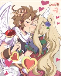 Rule 34 | 1boy, 1girl, ancient greek clothes, angel wings, black shirt, blonde hair, blush, bracer, breasts, brown hair, chiton, closed eyes, dress, feathers, flower, hair flower, hair ornament, hand on another&#039;s back, head wreath, heart, hetero, highres, holding hands, interlocked fingers, karbuitt, kid icarus, kiss, laurel crown, medium breasts, multicolored clothes, multicolored dress, nintendo, pit (kid icarus), ponytail, purple flower, purple rose, rose, shirt, toga, viridi, wings, yellow background