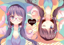 Rule 34 | &gt;;q, 2girls, animal hood, arm up, blue bow, blue eyes, blush, bow, breasts, brown hair, cat hood, cleavage, closed mouth, collarbone, double exposure, glasses, green background, green sweater, hair bow, heart, highres, hood, hood up, hoodie, large breasts, long hair, looking at viewer, low twintails, multiple girls, nanohana kohina, one eye closed, open clothes, open hoodie, orange background, original, pastel colors, pink-framed eyewear, pink bow, pointing, pointing at viewer, polka dot, purple hair, rotational symmetry, striped, striped background, sweater, twintails, two-tone background, upper body, v-neck, v-shaped eyebrows, yellow sweater
