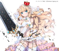 Rule 34 | 1girl, agent 7, bad id, bad pixiv id, blonde hair, blue eyes, breasts, crown, donacoo, holding, large breasts, long hair, looking at viewer, mini crown, navel, official art, original, pout, simple background, solo, sword, veil, very long hair, weapon, white background, yuuhi homare