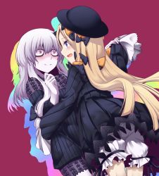 Rule 34 | 2girls, abigail williams (fate), black bow, black dress, black hat, blonde hair, blue eyes, blush, bow, bug, butterfly, commentary request, cowboy shot, dress, fate/grand order, fate (series), from behind, fumotewi, hair bow, hat, highres, hug, insect, lavinia whateley (fate), long hair, long sleeves, multiple girls, orange bow, purple background, simple background, underwear, very long hair, white hair