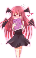 Rule 34 | 1girl, book, demon wings, embarrassed, flying sweatdrops, head wings, heart, covered mouth, koakuma, mickeysmith, red eyes, red hair, solo, touhou, translation request, wings
