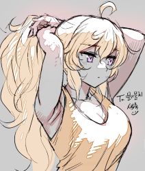 Rule 34 | adjusting hair, ahoge, armpits, arms up, bad id, bad twitter id, blonde hair, bow, breasts, cleavage, grey background, korean text, large bow, long hair, ndgd, ponytail, purple eyes, rwby, sketch, smiley face, solo, spot color, tank turret, yang xiao long