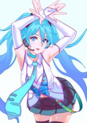 Rule 34 | 1girl, aqua eyes, aqua hair, aqua necktie, arched back, armpits, arms up, black thighhighs, blue necktie, breasts, bridal gauntlets, choker, collared shirt, cowboy shot, detached sleeves, elbow gloves, eyelashes, fingerless gloves, gloves, hair between eyes, hair ornament, hair spread out, hatsune miku, headset, large breasts, leaning forward, long hair, looking at viewer, microphone, navel, necktie, open hands, open mouth, pleated skirt, rapa rachi, shiny clothes, shirt, sidelocks, simple background, skirt, sleeveless, solo, thighhighs, twintails, vocaloid, white background, white gloves, white shirt, zettai ryouiki
