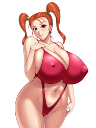 Rule 34 | 1girl, alternate costume, blush, breasts, brown eyes, brown hair, cleavage, clothing cutout, covered erect nipples, dragon quest, dragon quest viii, earrings, facing viewer, female focus, highleg, highleg swimsuit, huge breasts, huge nipples, jessica albert, jewelry, kawanuma uotsuri, looking at viewer, matching hair/eyes, navel, navel cutout, one-piece swimsuit, orange hair, revealing swimsuit (dq), simple background, solo, sweatdrop, swimsuit, twintails, white background