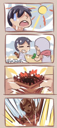 Rule 34 | 1girl, 2boys, 4koma, black hair, chocolate, chocolate covered, comic, dunceneygak, closed eyes, food, highres, hot, ice cream, money, multiple boys, open mouth, opening, original, personification, silent comic, sun, sweat