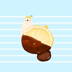 Rule 34 | animal, bear, bird, chai (drawingchisanne), chocolate, commentary, food, fruit, hat, lemon, looking at viewer, no humans, original, polar bear, signature, simple background, two-tone background