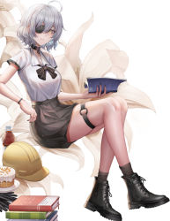 Rule 34 | 1girl, absurdres, ahoge, black choker, black footwear, black nails, black skirt, book, boots, bottle, breasts, character request, choker, closed mouth, copyright request, crossed legs, eyepatch, flower, full body, hat, highres, holding, holding book, legs, lips, looking at viewer, medium hair, mole, mole under eye, nail polish, resolution mismatch, school uniform, shirt, silver hair, sitting, skirt, smile, socks, solo, source smaller, white background, white shirt, yellow eyes, yf (hbyg)