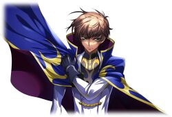 Rule 34 | 1boy, adjusting cape, adjusting clothes, arm at side, artist request, black gloves, black shirt, blue cape, cape, closed mouth, coat, code geass, code geass: lost stories, cropped torso, game cg, gloves, gold trim, green eyes, hand up, high collar, highres, jacket, kururugi suzaku, long sleeves, looking at viewer, male focus, military uniform, non-web source, official art, serious, shirt, sidelocks, simple background, solo, standing, transparent background, two-sided cape, two-sided fabric, uniform, upper body, v-shaped eyebrows, white coat, white jacket
