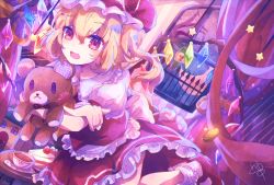 Rule 34 | 1girl, :d, blonde hair, blush, bobby socks, bow, cake, cake slice, collared shirt, commentary, cowboy shot, crescent moon, crossed arms, crystal, cup, curtains, fang, fence, flandre scarlet, food, frilled shirt collar, frilled skirt, frills, hair between eyes, hat, hat bow, highres, holding, holding stuffed toy, indoors, leg up, lock, looking at viewer, mary janes, medium hair, mob cap, moon, open mouth, otouyu, plate, puffy short sleeves, puffy sleeves, red bow, red eyes, red footwear, red skirt, red vest, saucer, shirt, shoes, short sleeves, side ponytail, signature, skirt, skirt set, smile, socks, solo, star (sky), star (symbol), stuffed animal, stuffed toy, table, tea, teacup, teddy bear, touhou, vest, waist bow, white bow, white hat, white shirt, white socks, window, wings
