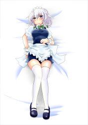 Rule 34 | 1girl, absurdres, blue eyes, blush, breasts, female focus, highres, izayoi sakuya, large breasts, mary janes, shoes, silver hair, solo, thighhighs, touhou, wakie, white thighhighs, wrist cuffs