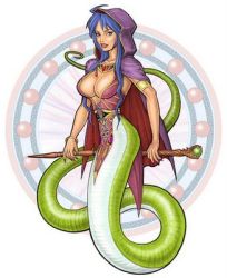 Rule 34 | blue hair, breasts, breath of fire, cleavage, deis, hood, lamia, large breasts, lowres, monster girl, scales