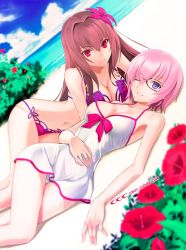 Rule 34 | 2girls, beach, bikini, bow, breasts, cleavage, cloud, cloudy sky, collarbone, day, dress swimsuit, fate/grand order, fate (series), flower, glasses, hair flower, hair intakes, hair ornament, hair over one eye, hibiscus, large breasts, light purple hair, looking at viewer, lying, mash kyrielight, mash kyrielight (swimsuit of perpetual summer), medium breasts, multiple girls, ocean, official alternate costume, on back, on side, one-piece swimsuit, parted lips, pink bikini, pink bow, purple bikini, purple eyes, purple hair, red eyes, scathach (fate), scathach (fate/grand order), scathach (swimsuit assassin) (fate), shirotsumekusa, short hair, sky, smile, swimsuit, white one-piece swimsuit
