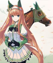 Rule 34 | 1girl, 1other, animal ears, aqa, aqua eyes, black gloves, black pantyhose, commentary, cowboy shot, creature and personification, ear covers, frilled skirt, frills, gloves, hair ornament, hairband, highres, hime cut, horse, horse ears, horse girl, horse tail, long hair, looking at viewer, orange hair, pantyhose, pleated skirt, puffy sleeves, silence suzuka (racehorse), silence suzuka (umamusume), skirt, smile, tail, umamusume, white hairband, white skirt