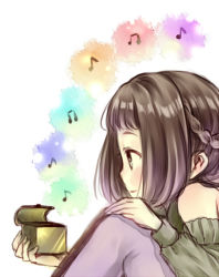 Rule 34 | 1girl, bad id, bad pixiv id, bare shoulders, beamed quavers, braid, brown hair, from side, hanekoto, holding, knees to chest, music box, musical note, original, quaver, smile, solo