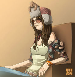 Rule 34 | 1girl, andava, armchair, aviator sunglasses, belt, bracelet, breasts, brown hair, brown upholstery, chair, denim, earflap hat, fur hat, hat, highres, jeans, jewelry, lips, long hair, nose, object on head, off shoulder, open clothes, open shirt, original, pants, plaid, plaid shirt, shirt, simple background, sitting, sleeves rolled up, solo, stuffed toy, sunglasses, tank top, ushanka