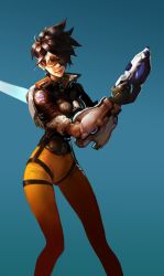 Rule 34 | 1girl, absurdres, bad id, bad pixiv id, brown hair, coat, fur trim, gluteal fold, goggles, gun, highres, lips, overwatch, overwatch 1, short hair, skin tight, smirk, solo, tracer (overwatch), tuobi, weapon