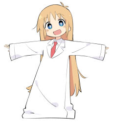 Rule 34 | 1girl, blue eyes, blush, coat, collared shirt, fusazakura, highres, lab coat, long hair, looking at viewer, necktie, nichijou, open mouth, orange hair, outstretched arms, professor shinonome, red necktie, shirt, simple background, sleeves past fingers, sleeves past wrists, smile, solo, spread arms, white background, white coat, white shirt