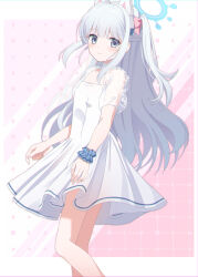 Rule 34 | 1girl, alternate costume, animal ears, blue archive, blue halo, blush, breasts, chromatic aberration, closed mouth, commentary, dress, eko, fake animal ears, feet out of frame, grey hair, halo, highres, long hair, looking at viewer, miyako (blue archive), puffy short sleeves, puffy sleeves, purple eyes, rabbit ears, short dress, short sleeves, small breasts, solo, standing, two side up, very long hair, white dress