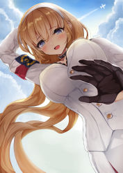 Rule 34 | 1girl, :d, arm behind head, arm up, armband, azur lane, backlighting, black gloves, blonde hair, blue sky, breasts, choker, cleavage, cloud, cloudy sky, commentary request, eyes visible through hair, formal, from below, gloves, hairband, highres, large breasts, long hair, long sleeves, looking at viewer, north carolina (azur lane), open mouth, reaching, reaching towards viewer, senzen (ikusamae), sidelocks, sky, smile, solo, suit, white suit, wind