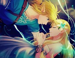 Rule 34 | 1boy, 1girl, aura, bare shoulders, blonde hair, blue eyes, blue flower, blue shirt, bracer, closed eyes, closed mouth, cloud, collarbone, dress, flower, from side, hair flower, hair ornament, hair tie, hands up, layered sleeves, light particles, link, long hair, long sleeves, looking at another, nintendo, open mouth, outdoors, own hands together, parted bangs, pointy ears, ponytail, princess zelda, profile, shijima (4jima), shirt, short hair, short over long sleeves, short sleeves, sidelocks, silent princess, strapless, strapless dress, the legend of zelda, the legend of zelda: breath of the wild, triforce, undershirt, upper body, white dress