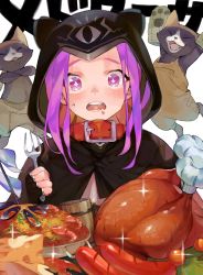 Rule 34 | 1girl, animal ears, animal hood, beer mug, black gloves, bow, braid, capelet, cheese, collar, cup, fake animal ears, fate/grand order, fate (series), fingerless gloves, food, fork, gloves, hood, hood up, hooded capelet, long hair, medusa (fate), medusa (lancer) (fate), medusa (rider) (fate), monster hunter, monster hunter: world, monster hunter (series), mug, open mouth, purple eyes, purple hair, rider, saliva, sausage, shrimp, simple background, sitting, solo, sparkle, star-shaped pupils, star (symbol), symbol-shaped pupils, teeth, turkey (food), upper teeth only, very long hair, white background