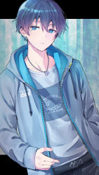 Rule 34 | 1boy, black pants, blue eyes, blue hair, collarbone, copyright request, drawstring, grey jacket, grey shirt, hair between eyes, highres, hood, hood down, hooded jacket, jacket, letterboxed, long sleeves, looking at viewer, male focus, mole, mole under eye, open clothes, open jacket, pants, parted lips, shirt, sleeves past wrists, solo, tomozero