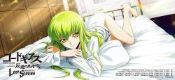 Rule 34 | 1girl, bare legs, barefoot, bed, bottomless, c.c., closed mouth, code geass, code geass: lost stories, copyright name, green hair, hair between eyes, highres, indoors, long hair, long sleeves, looking at viewer, lying, naked shirt, on bed, on stomach, shirt, smile, solo, sparkle, straight hair, sunlight, very long hair, white shirt, wooden floor, yellow eyes