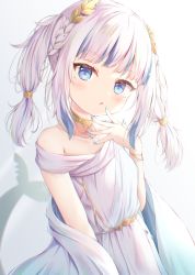 Rule 34 | 1girl, ancient greek clothes, blue eyes, blunt bangs, bracelet, braid, breasts, collarbone, fins, fish tail, gawr gura, gawr gura (party dress), greco-roman clothes, hand to own mouth, highres, hololive, hololive english, jewelry, light blush, liuliu, looking at viewer, medium hair, multicolored hair, nail polish, open mouth, shark girl, shark tail, sidelocks, simple background, sleeveless, small breasts, solo, streaked hair, tail, upper body, virtual youtuber, white background, white hair, white theme, wreath