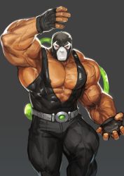 Rule 34 | 1boy, abs, absurdres, armpits, bane, bara, bare pectorals, batman (series), belt, biceps, covered abs, dark-skinned male, dark skin, dc comics, gloves, highres, large pectorals, male focus, manly, mask, mature male, muscular, muscular male, nipples, pants, pectorals, red eyes, sidepec, solo, tank top, thick arms, thick thighs, thighs, tight clothes, traver009, tube, veins, veiny arms
