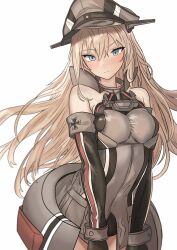 Rule 34 | 1girl, absurdres, anchor choker, bismarck (kancolle), black gloves, blonde hair, blue eyes, breasts, detached sleeves, elbow gloves, gloves, grey hat, hat, highres, kantai collection, large breasts, long hair, looking at viewer, military hat, neon p, no pants, off shoulder, peaked cap, simple background, solo, tsurime