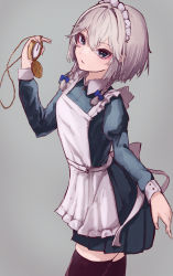 Rule 34 | 1girl, apron, bad id, bad pixiv id, black thighhighs, blue bow, blue dress, blue eyes, bow, braid, commentary request, cowboy shot, dress, expressionless, frills, grey background, hair between eyes, hair bow, hair intakes, hair ribbon, hand up, highres, holding, holding pocket watch, izayoi sakuya, juliet sleeves, long sleeves, looking at viewer, maid headdress, parted lips, pocket watch, puffy sleeves, ribbon, short hair with long locks, side braids, silver hair, simple background, solo, tabey0u, thighhighs, touhou, tress ribbon, twin braids, watch, white apron, white headwear, wing collar