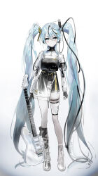 Rule 34 | 1girl, absurdres, asymmetrical gloves, black gloves, black hair, blue eyes, blue hair, blue nails, closed mouth, fingerless gloves, full body, gloves, guitar, hair between eyes, hatsune miku, highres, instrument, long hair, long sleeves, looking at viewer, multicolored hair, nail polish, solo, soyoong jun, standing, twintails, very long hair, vocaloid